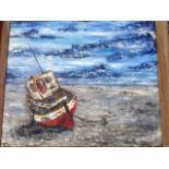 Oil on board, beached boat with blue sky, painted in heavy impasto, framed.