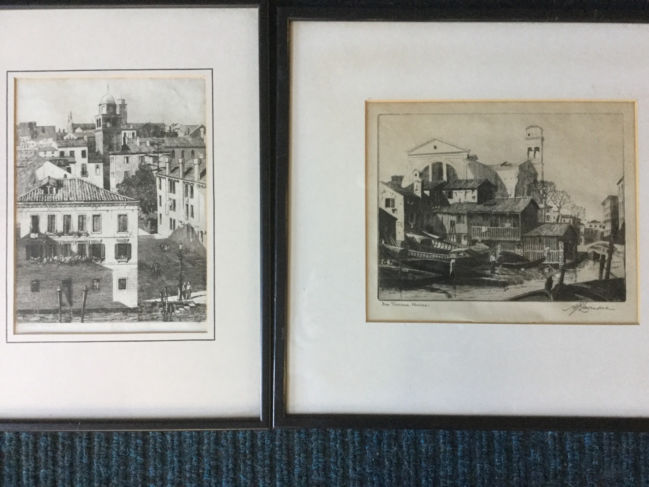 Two Venice etchings, signed in pencil on margins, mounted and framed; and a print of a couple in - Image 2 of 3