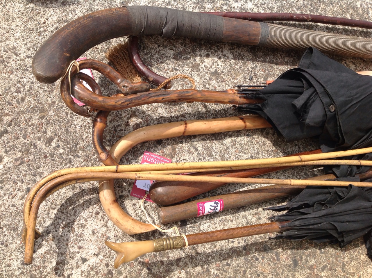 A quantity of walking sticks & umbrellas including ladies, a shooting stick, a vintage tennis racket - Image 2 of 3