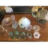 Miscellaneous glass including a triangular cut decanter & stopper, a large domed cover, frosted