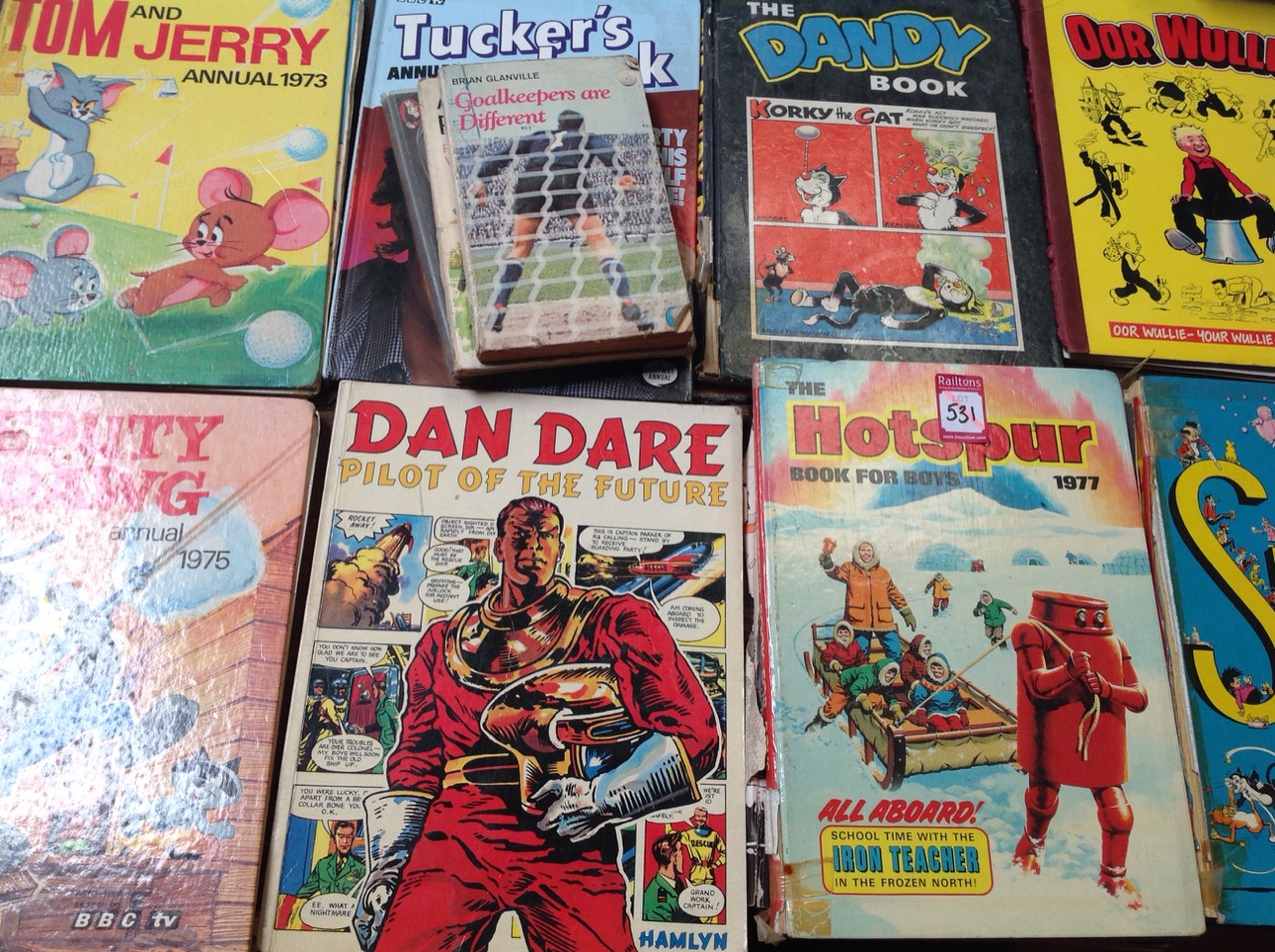 A quantity of 70s childrens books - football, Broons, Our Willie, Dandy, Sparky, The Beezer, Dan