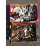 Two boxes of various tools, DIY equipment, paintbrushes, cables, plugs, washers, screwdrivers,