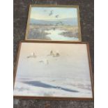 Karl Olszewski, large framed print of swans in flight, titled Winter Migration; and Monahan framed