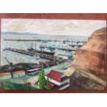 CP Knox, oil on board, study of a port with ships in harbour by dock, signed & dated 1969.