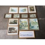 A set of four framed Anton Pieck prints depicting curiosity shop street scenes; a pair of oak framed