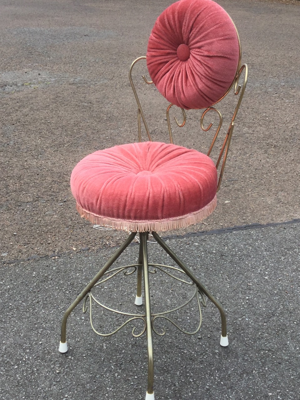 A pair of beech kitchen bar stools with rush seats on column supports; and a kitsch pink upholstered - Image 2 of 3