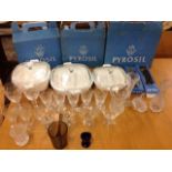 Miscellaneous glass including an unused boxed set of three Pyrosil cooking tureens & covers with