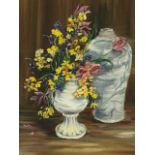 Pat Perkins, oil on board, still life with flowers and two vases, signed & framed, with label to