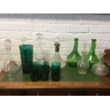 Miscellaneous glass including a green cordial set with jug and six glasses, a pair of decanters,