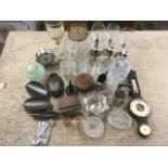 Miscellaneous glass, silver plate, a pewter mantleclock, sets of wine glasses, salts, ebony brushes,