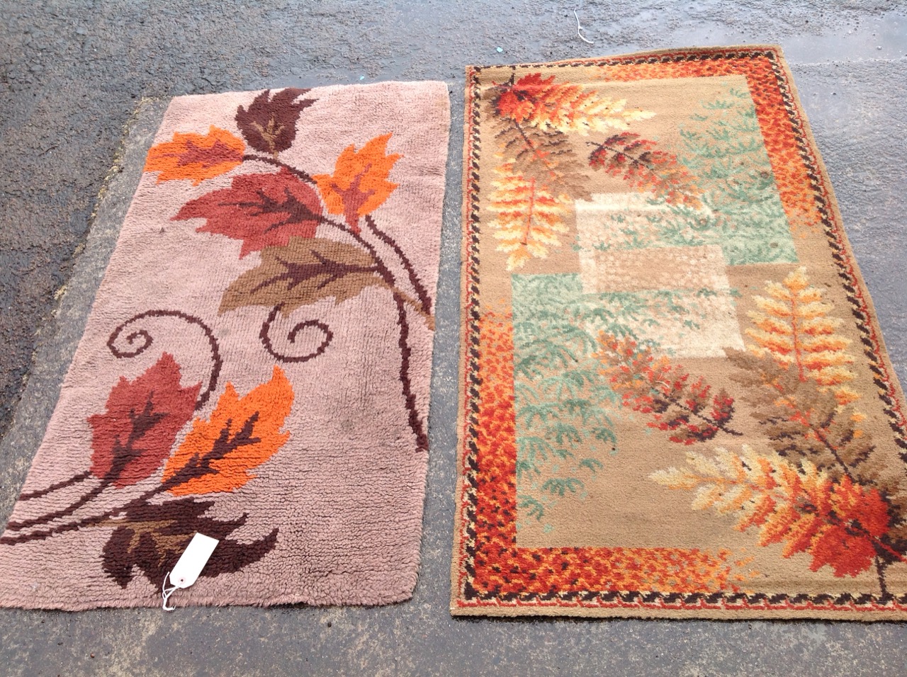 A hand-knotted brown fireside rug with leaf decoration; and a machine woven 50s rug of further