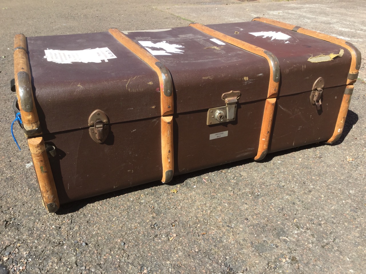 A rectangular school trunk with wood slats, brass mounts and leather handles to hessian covered - Image 3 of 3