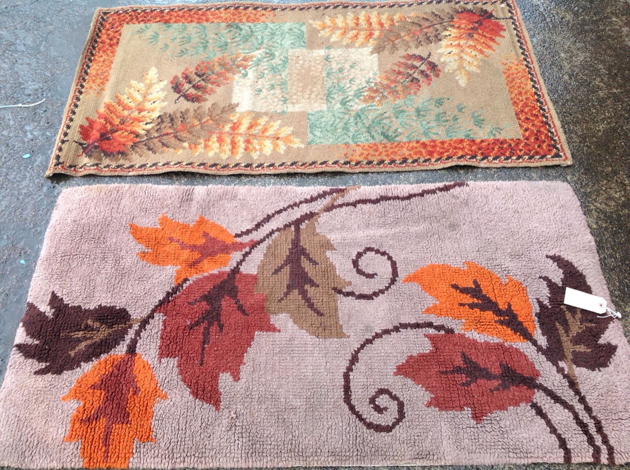 A hand-knotted brown fireside rug with leaf decoration; and a machine woven 50s rug of further - Image 2 of 3