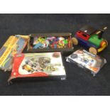A childs painted wood toy car/train; a box of loose childrens toys, cars, trains, etc; and boxed