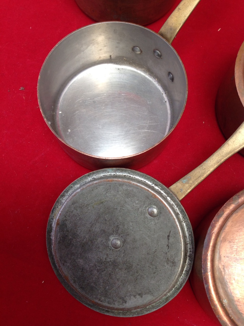 A set of four French copper pans & covers, riveted with brass handles. (4) - Image 2 of 3