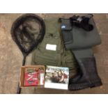 Miscellaneous fishing gear including an unused pair of size 11 waders, a box of flies, sea lures,