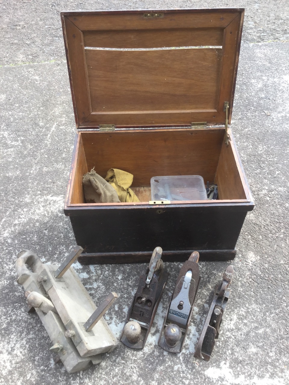 A pine box with brass mounts, lock & handles containing five planes by Whitmore, Stanley, etc.,