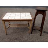 A 60s walnut jardinière stand with square scalloped top on tapering sabre legs joined by