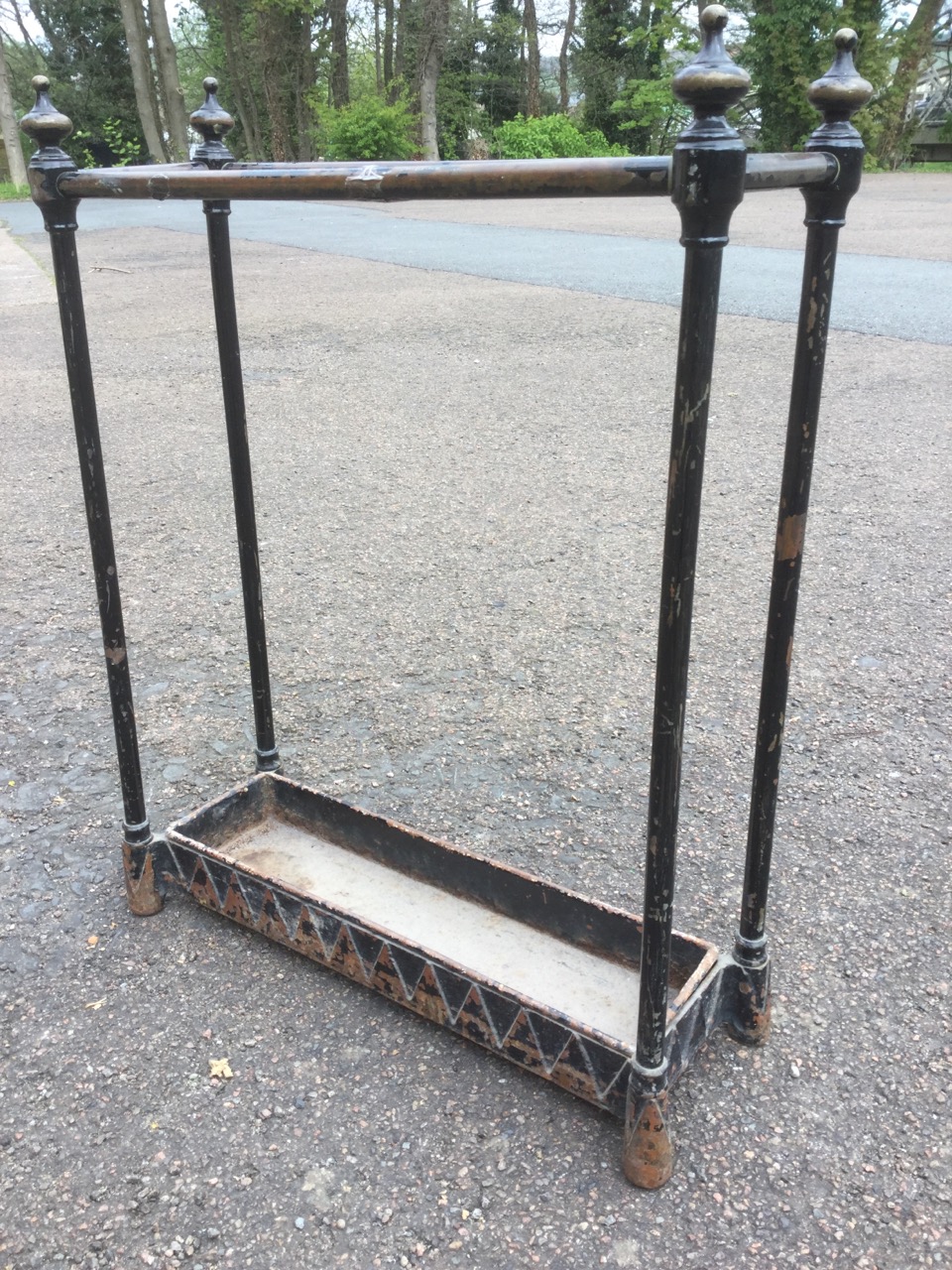 A Victorian brass stickstand, with knob finials to corners, above a rectangular drip-tray with - Image 3 of 3