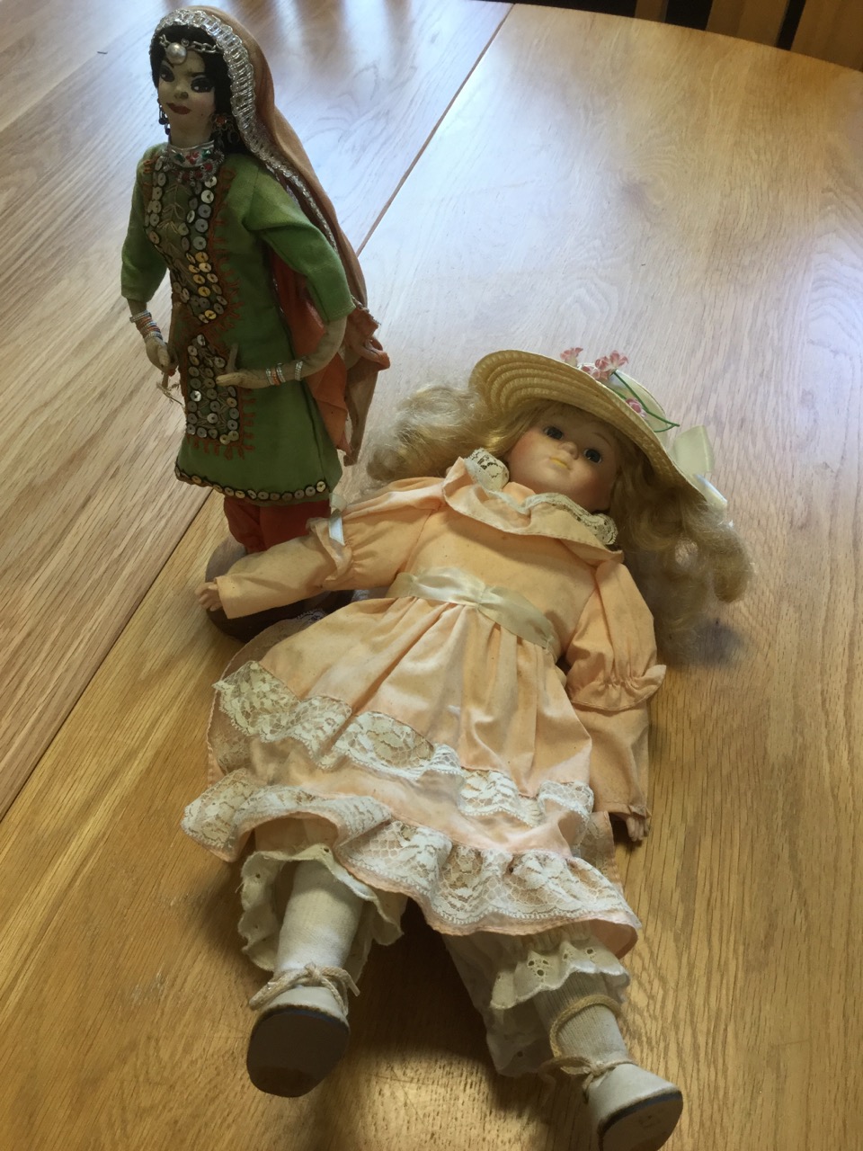 A porcelain headed girl doll in pink dress & straw hat; an Austrian wood skiing novelty doll; two - Image 3 of 3