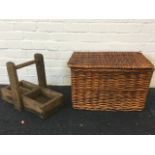 A cane hamper with hinged lid; and a carpenters tool tray with turned handle. (2)