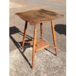 A Victorian oak occasional table, with square scalloped top raised on angled ring-turned legs joined