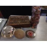 Miscellaneous items - a floral carved jewellery box, an EP muffin dish & cover, a polished agate