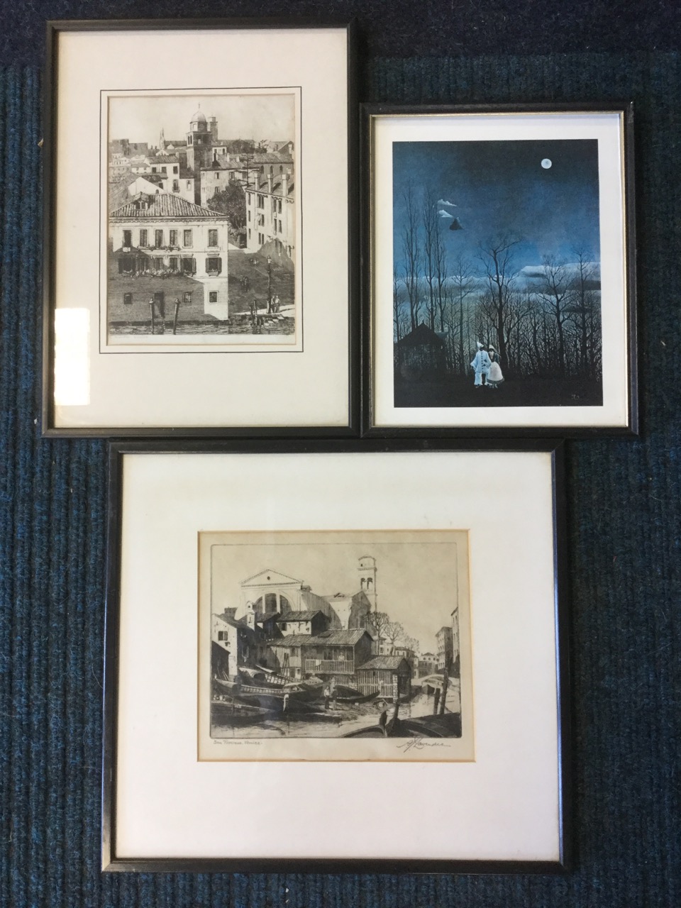 Two Venice etchings, signed in pencil on margins, mounted and framed; and a print of a couple in