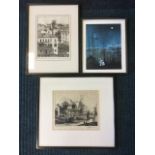 Two Venice etchings, signed in pencil on margins, mounted and framed; and a print of a couple in