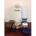 Miscellaneous ceramics including a jardinière stand, a Maling vase, a biscuit barrel with plated