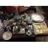 Miscellaneous silver plated items including a claret jug, a part teaset, salvers, pewter,