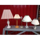 Five tablelamps - wood, marble, gilt metal, ceramic, etc., with various shades. (5)