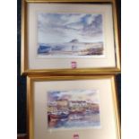 Roy Kirton, two prints of Seahouses & Bamburgh, signed in pencil on margins, mounted & gilt