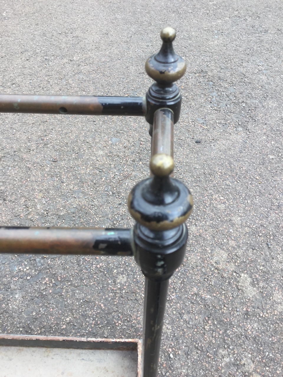 A Victorian brass stickstand, with knob finials to corners, above a rectangular drip-tray with - Image 2 of 3