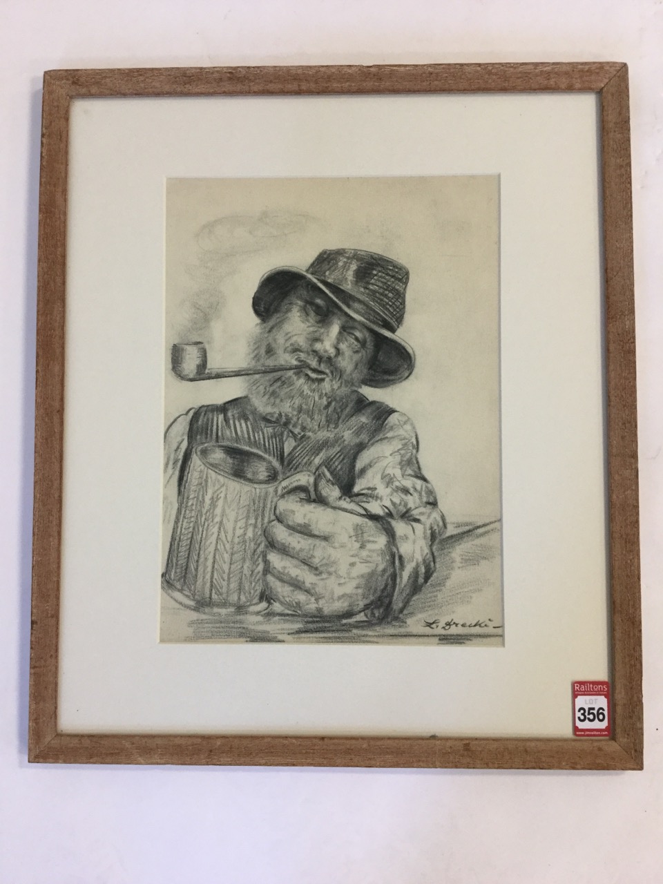 Zbigniew Drecki, pencil drawing of a peasant with beer and pipe, signed, mounted & framed. (10in x - Image 4 of 4