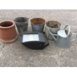 Two tapering galvanised buckets with swing handles; a tubular tin bucket; and external electrical