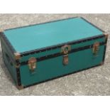 A rectangular school trunk with studded corners having carrying handles to ends.