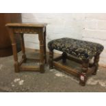 An oak stool with fluted frieze raised on baluster turned legs joined by rectangular stretchers; and