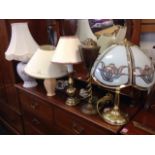 Five tablelamps - brass, ceramic, one baluster shape with floral decoration, etc. (5)