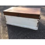 A dovetailed mahogany blanket box with twin brass hinges & locks, mounted with later cup handles.