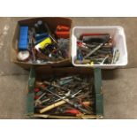 Three boxes of tools - screws & nails, hammers, utensils, torches, knives & scissors, materials,