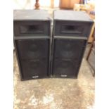 A pair of large Sound Lab PA speakers with horns and woofers