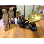 A set of Salter kitchen scales with brass scoop, and two sets of graduated brass weights;