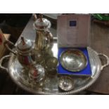 A Victorian style silver plated four-piece tea set on a large oval gadrooned tray; a boxed EPNS