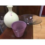 A mottled pink art glass of tapering bucket shape; a large primrose yellow egg shaped vase