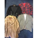 A Scottish style tweed jacket & waistcoat with horn buttons; a faux fur French ladies coat;