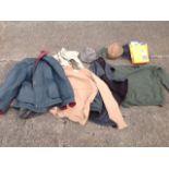 A box of gentlemans clothing including woolens, coats, tweed hats, coat hangers, etc. (A lot)