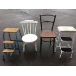 A painted Ibex chair; two metal step stools with upholstered seats and folding treads;