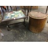A 'D'shaped stool or sewing box with interior tray; and an oak firescreen/ coffee table with floral