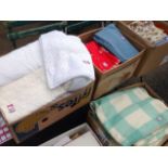 Five boxes of unused materials, curtain & dressmaking fabric, blankets, tweed, silk, printed cotton